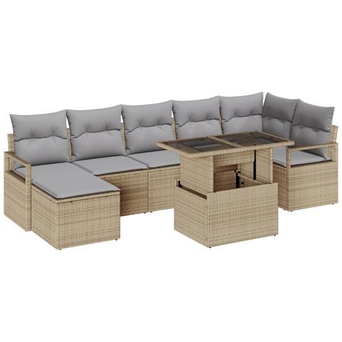 Set di divano da giardino  8 pezzi con cuscini beige in polyrattan, Divano da giardino  2 posti con cuscini beige in polyrattan - Foto 1