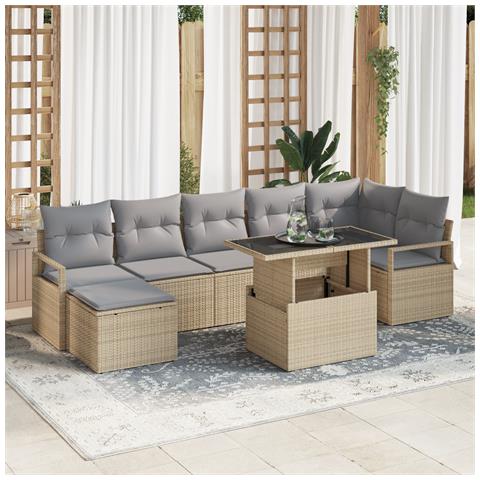 Set di divano da giardino  8 pezzi con cuscini beige in polyrattan, Divano da giardino  2 posti con cuscini beige in polyrattan - Foto 2