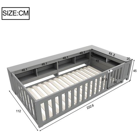 Letto Multifunzionale Per Bambini 90x200cm, Letto Singolo Con Vani Portaoggetti, Porta E Barriera Di Sicurezza, Protezione Totale, Letto In Legno Massiccio Con Rete A Doghe, Grigio - Foto 2