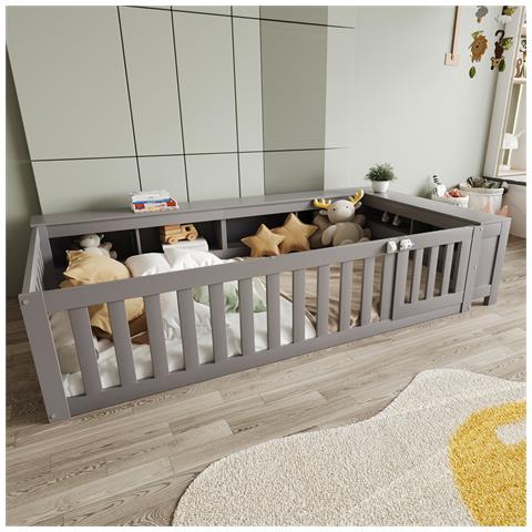 Letto Multifunzionale Per Bambini 90x200cm, Letto Singolo Con Vani Portaoggetti, Porta E Barriera Di Sicurezza, Protezione Totale, Letto In Legno Massiccio Con Rete A Doghe, Grigio - Foto 1