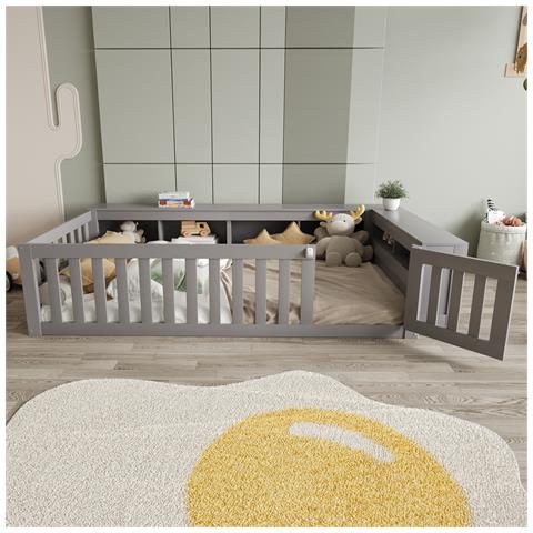 Letto Multifunzionale Per Bambini 90x200cm, Letto Singolo Con Vani Portaoggetti, Porta E Barriera Di Sicurezza, Protezione Totale, Letto In Legno Massiccio Con Rete A Doghe, Grigio - Foto 4