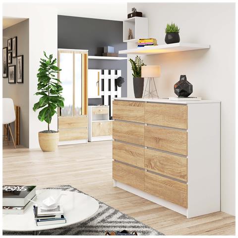 Cassettiera K120, 8 cassetti, 120x40x99 cm, Colore Bianco e Sonoma Quercia - Foto 6