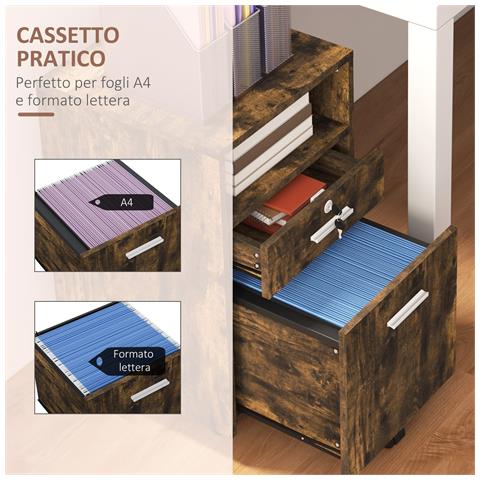 Cassettiera da Ufficio Portadocumenti in Legno con 2 Cassetti e Ripiano Aperto, 39x40x65 cm, Marrone - Foto 2
