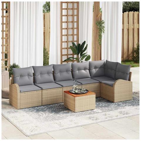 Set di Divani da Giardino 7 Pezzi con Cuscini Beige in Rattan, Divano da Giardino 2 Posti con Spazio di Stoccaggio e Cuscini Beige - Foto 2