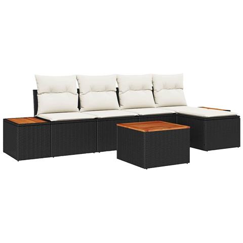 Set di divani da giardino da 6 pezzi con cuscini Nero Polyrattan Acacia - Foto 1