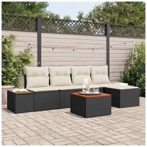 Set di divani da giardino da 6 pezzi con cuscini Nero Polyrattan Acacia - Foto 2