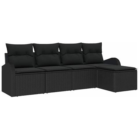 Set Divano da Giardino  5 Pezzi con Cuscini Nero Polyrattan, Divano da Giardino a 2 Posti  con Contenitore e Cuscini Nero Polyrattan - Foto 1