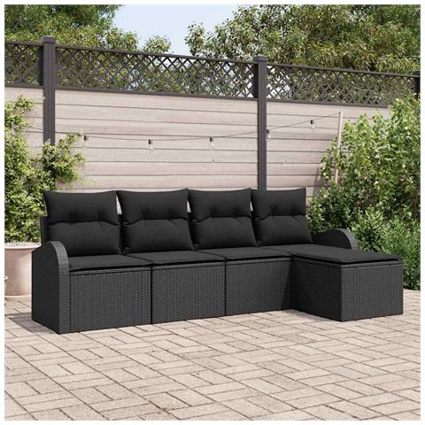 Set Divano da Giardino  5 Pezzi con Cuscini Nero Polyrattan, Divano da Giardino a 2 Posti  con Contenitore e Cuscini Nero Polyrattan - Foto 2