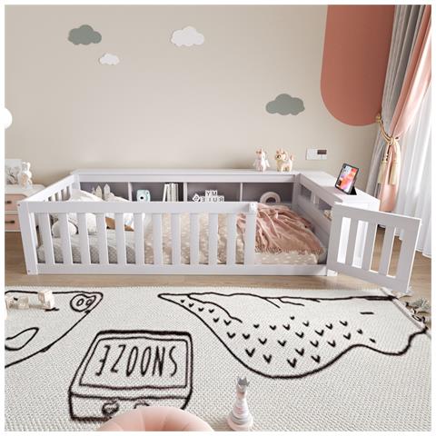 Letto Multifunzionale Per Bambini 90x200cm, Letto Singolo Con Contenitore, Porta E Spondina Di Sicurezza, Protezione Integrale, Letto In Legno Massiccio Con Rete A Doghe, Bianco - Foto 2