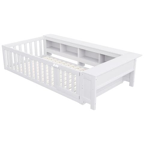 Letto Multifunzionale Per Bambini 90x200cm, Letto Singolo Con Contenitore, Porta E Spondina Di Sicurezza, Protezione Integrale, Letto In Legno Massiccio Con Rete A Doghe, Bianco - Foto 4