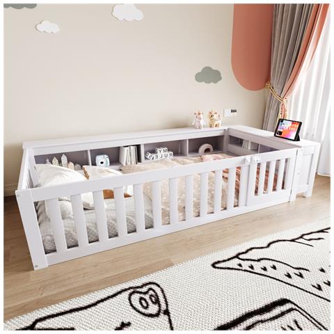 Letto Multifunzionale Per Bambini 90x200cm, Letto Singolo Con Contenitore, Porta E Spondina Di Sicurezza, Protezione Integrale, Letto In Legno Massiccio Con Rete A Doghe, Bianco - Foto 1