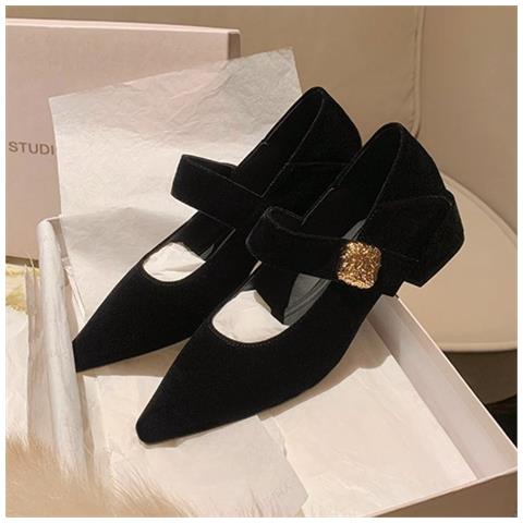 Eleganti Scarpe Mary Jane In Velluto A Punta Con Tacco Largo Black 38 - Foto 2