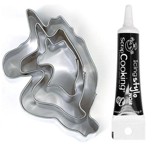 3 Mini Tagliabiscotti In Acciaio Inox Unicorni + Penna Per Glassa Nera - Foto 1
