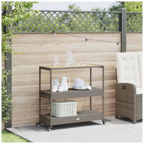 Carrello da Bar 3 Livelli Grigio Polyrattan e Massello Acacia - Foto 3