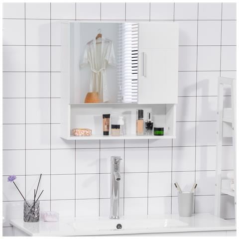 Armadietto Specchiera Pensile Da Bagno In Legno Con Mensole Regolabili, Mobile Bagno A 2 Ante E Ripiano Aperto, 54x15.2x55.3cm, Bianco - Foto 2