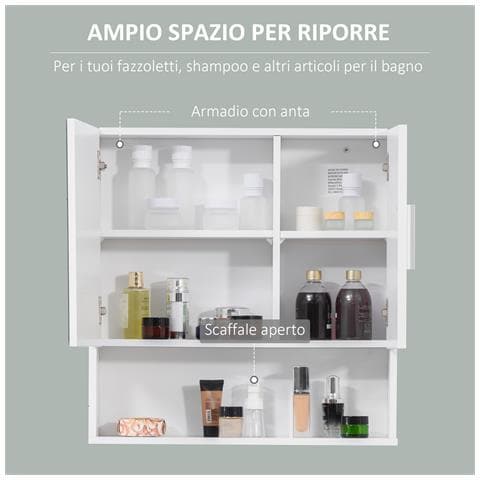 Armadietto Specchiera Pensile Da Bagno In Legno Con Mensole Regolabili, Mobile Bagno A 2 Ante E Ripiano Aperto, 54x15.2x55.3cm, Bianco - Foto 6