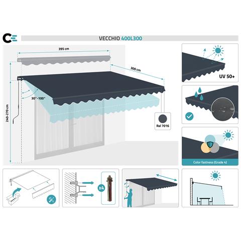 Tenda Da Sole 4x3m - - Vecchio - Retrattile - Idrorepellente - Grigio - Tessuto Premium 320m² - Anti-uv - Superficie Coperta 12m² - Grigio - Foto 8