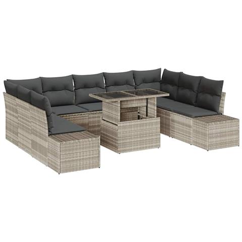 Set da giardino con divano a 10 pezzi e cuscini grigio chiaro in rattan sintetico - Foto 1