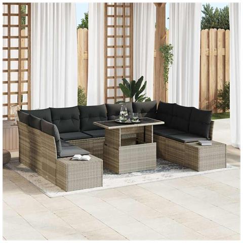 Set da giardino con divano a 10 pezzi e cuscini grigio chiaro in rattan sintetico - Foto 2