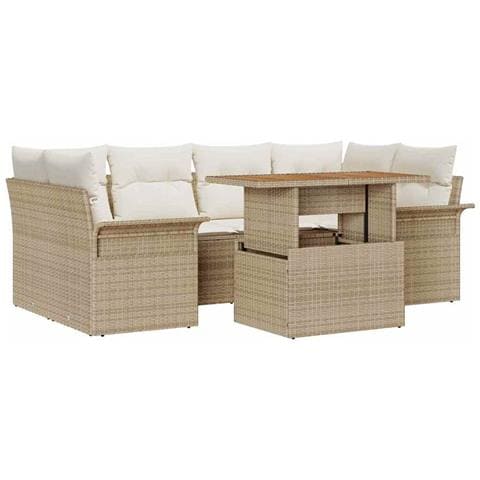 Set di divani da giardino 7 pezzi di con cuscini Beige Polirattan Acacia - Foto 1