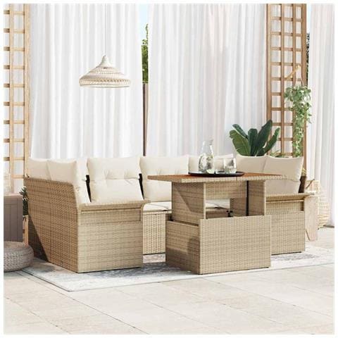 Set di divani da giardino 7 pezzi di con cuscini Beige Polirattan Acacia - Foto 2