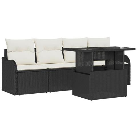 Set Divano da Giardino 5 Pezzi con Cuscini Nero Rattan Polyrattan, Divano da Giardino 2 Posti con Cuscini Nero Rattan Polyrattan - Foto 1