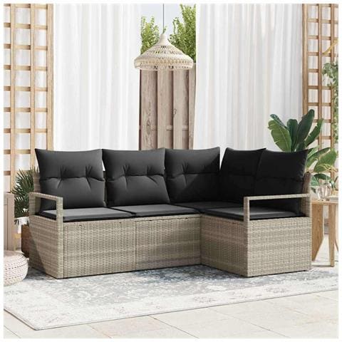 Set divano da giardino a 4 pezzi con cuscini grigio chiaro in polyrattan, Divano da giardino a 2 posti con cuscini grigio in polyrattan - Foto 2