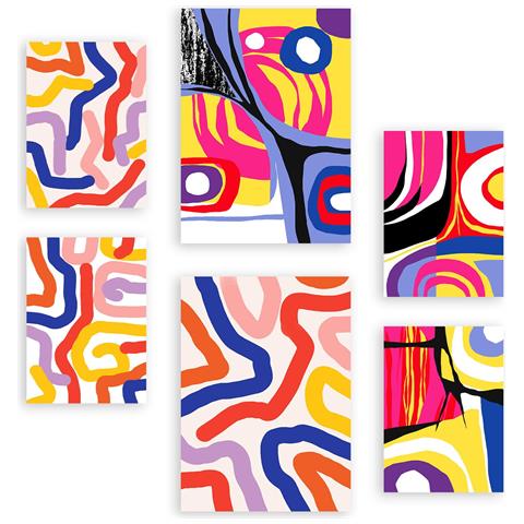 Set Di 6 Stampe Forme Vibranti In Dipinti Decorativi Estetici Astratti Colorati Per Il Tuo Soggiorno, Camera Da Letto, Casa A3 & A4 Senza Cornice - Foto 1