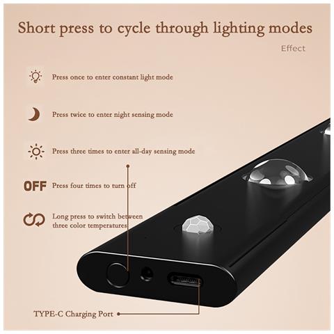 Luce Led Ricaricabile Con Sensore - 5w Slim Attivata A Movimento Per Armadi E Guardaroba Con Ricarica Type-c E Tre Modalità Black 40 Cm - Foto 2