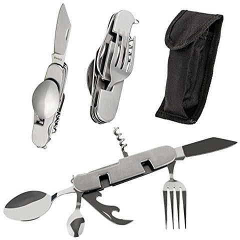 Campactive 6 in1, Posate Da Campeggio Pieghevole Posate In Eco Pelle Con Tasche | Apribottiglie Cavatappi - Foto 1