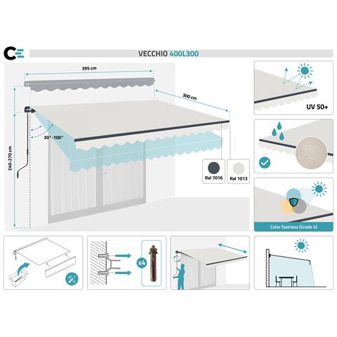 Tenda Retrattile Manuale 4x3m - - Vecchio - Idrorepellente - Superficie Coperta 12m² - Beige - Tessuto Premium 320m² - Anti-uv - Foto 8