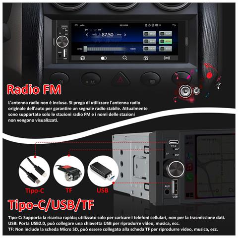 Autoradio 1 Din Con Schermo Wireless Carplay E Android Auto Fm Bluetooth Aux Tipo-c Telecamera - Foto 6