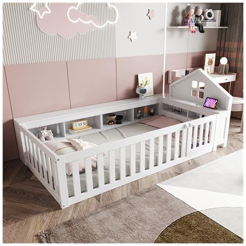 Letto Per Bambini 90x200cm, Letto Singolo Con Spondina, Finestra, Spondina E Porta, Con Contenitore, Protezione Integrale, Letto In Legno Massiccio Con Rete A Doghe, Bianco - Foto 1