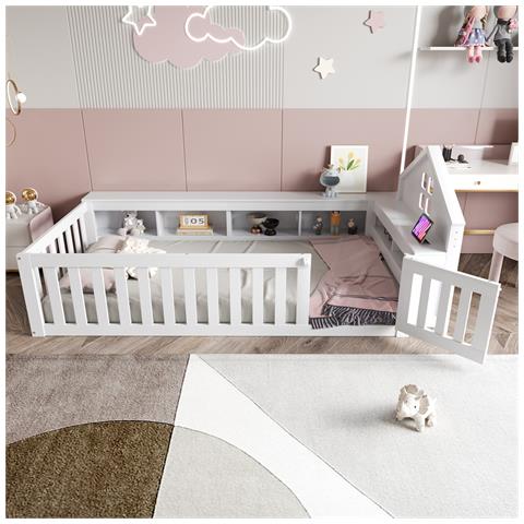 Letto Per Bambini 90x200cm, Letto Singolo Con Spondina, Finestra, Spondina E Porta, Con Contenitore, Protezione Integrale, Letto In Legno Massiccio Con Rete A Doghe, Bianco - Foto 4