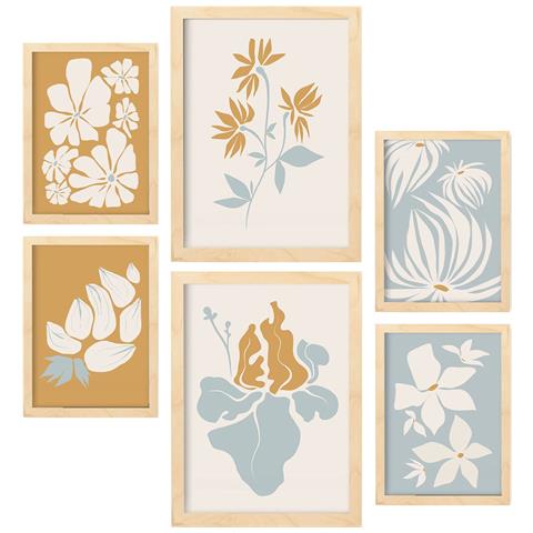 Set Di 6 Stampe Cornice Floreale 1 In Fiore Dipinti Decorativi Estetici Astratti Per Il Tuo Soggiorno Di Casa A3 & A4 Telaio In Legno Chiaro - Foto 1