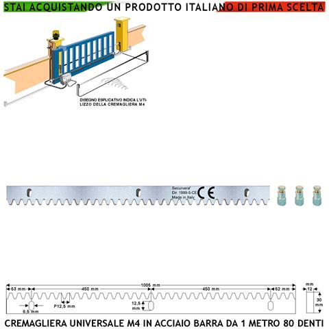 Cremagliera Universale M4 Barra Da 1 Mt Con 80 Denti In Acciaio Zincato 12x30 Mm Portata Garantita 22 Q.li Max 30 Q.li - Foto 1