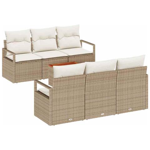 Set di divani da giardino  7 pezzi con cuscini Beige Polyrattan Acacia, Divano da giardino a 2 posti  con cuscini Beige Polyrattan - Foto 1