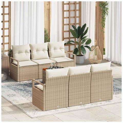 Set di divani da giardino  7 pezzi con cuscini Beige Polyrattan Acacia, Divano da giardino a 2 posti  con cuscini Beige Polyrattan - Foto 2