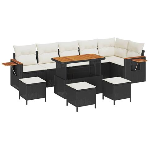 Set di Sofà da Giardino in 10 pezzi con Cuscini Nero Polyrattan Acacia, Set di Pranzo da Giardino in 4 pezzi con Cuscini Nero Polyrattan Acacia - Foto 1