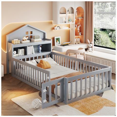 Letto Per Bambini 90x200cm, Con Vano Contenitore, Ripiani, Guida Per Quadri, Guida Di Sicurezza E Porta, Struttura In Legno Massiccio, Con Rete A Doghe, Grigio - Foto 1