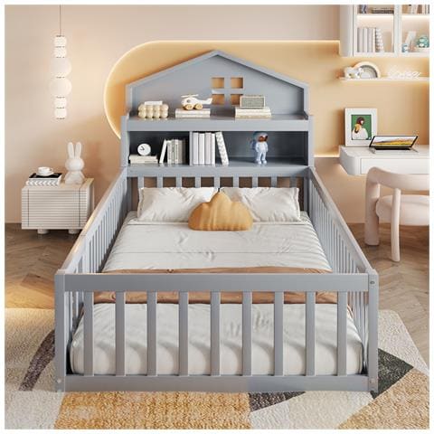 Letto Per Bambini 90x200cm, Con Vano Contenitore, Ripiani, Guida Per Quadri, Guida Di Sicurezza E Porta, Struttura In Legno Massiccio, Con Rete A Doghe, Grigio - Foto 2