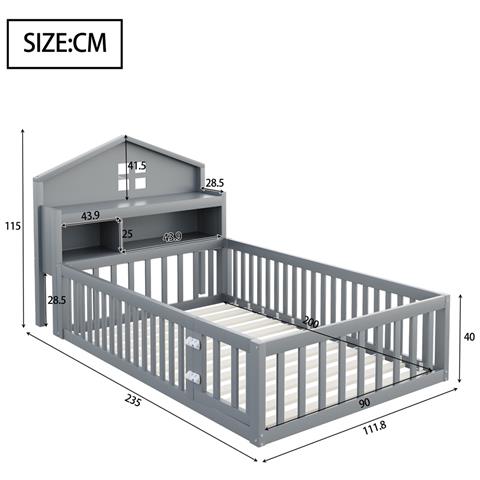 Letto Per Bambini 90x200cm, Con Vano Contenitore, Ripiani, Guida Per Quadri, Guida Di Sicurezza E Porta, Struttura In Legno Massiccio, Con Rete A Doghe, Grigio - Foto 4