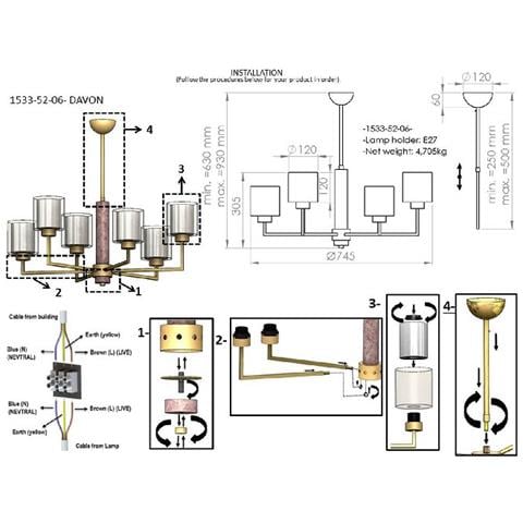 Lampadario Davon - Lampada A Sospensione - Da Soffitto - Oro In Metallo, Vetro, 72 X 72 X 80 Cm, 6 X E27, Max 40w - Foto 3