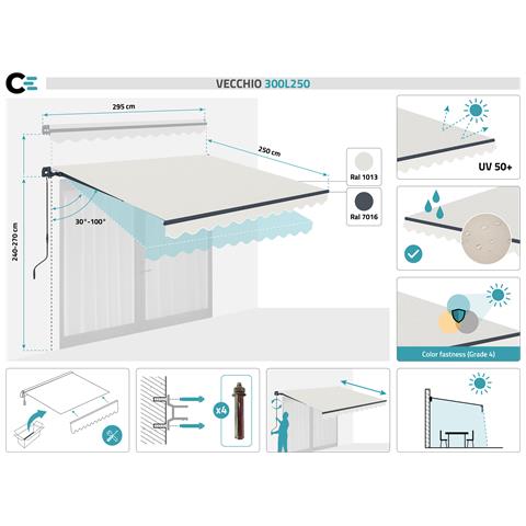 Tenda Da Sole 3x2,5m - - Vecchio - Retrattile - Idrorepellente - Beige - Anti-uv - Superficie 7,5m² - Tessuto Premium 320m² - Foto 8