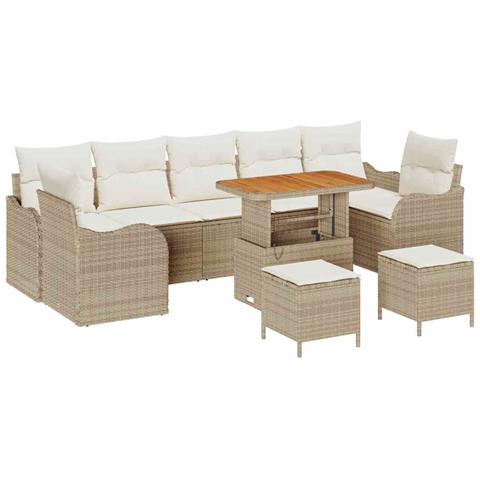 Set da Giardino da 10 Pezzi con Cuscini Beige in Rattan Polimerico e Acacia,  Divano da Giardino a 2 Posti con Ripostiglio e Cuscini Beige in Rattan Polimerico,  Set da Pranzo da Giardino da 3 Pezzi con Cuscini Beige in Rattan Polimerico e Acacia - Foto 1