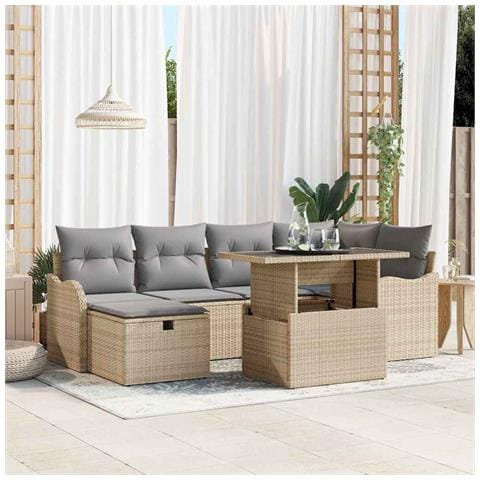 Set di Divani da Giardino 7 Pezzi con Cuscini Beige Polyrattan, Divano da Giardino 2 Posti con Cuscini Beige Polyrattan - Foto 2