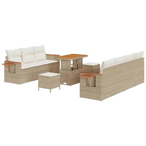 Set di Sofà da Giardino 10 Pezzi con Cuscini Beige Polyrattan Acacia,  Set di Pranzo da Giardino 3 Pezzi con Cuscini Beige Polyrattan Acacia - Foto 1