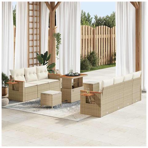 Set di Sofà da Giardino 10 Pezzi con Cuscini Beige Polyrattan Acacia,  Set di Pranzo da Giardino 3 Pezzi con Cuscini Beige Polyrattan Acacia - Foto 2
