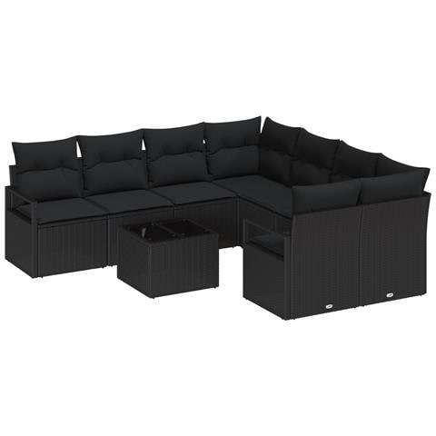 Set Divano Giardino 9 Pezzi con Cuscini Neri Polyrattan, Divano Giardino 2 Persone con Cuscini Neri Polyrattan - Foto 1