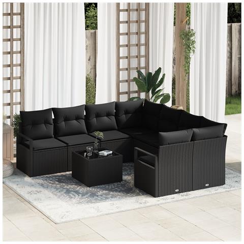 Set Divano Giardino 9 Pezzi con Cuscini Neri Polyrattan, Divano Giardino 2 Persone con Cuscini Neri Polyrattan - Foto 2